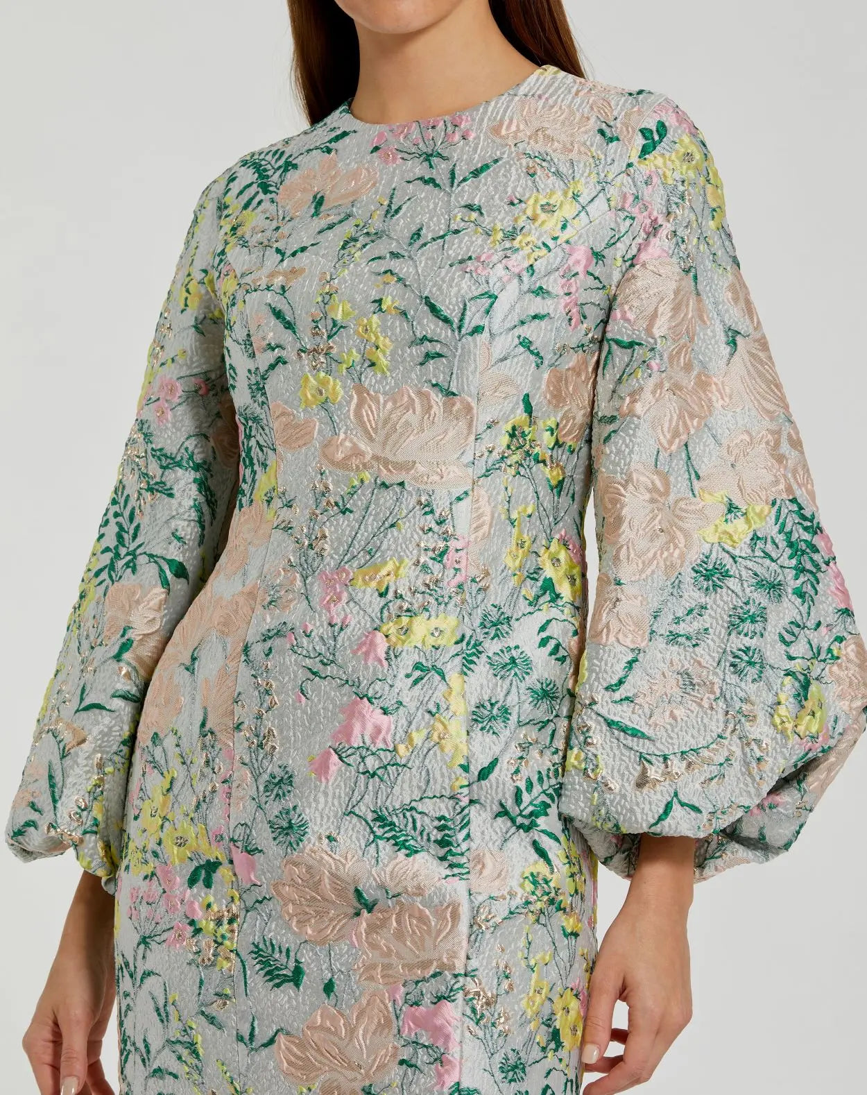 Multicolor Floral Brocade Puff Sleeve Fitted Mini Dress - Image 2