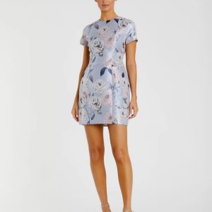 Blue Cap Sleeve Fitted Floral Mini Dress