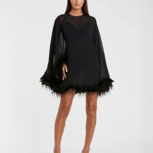 Black Trapeze Feather Trim Mini Dress