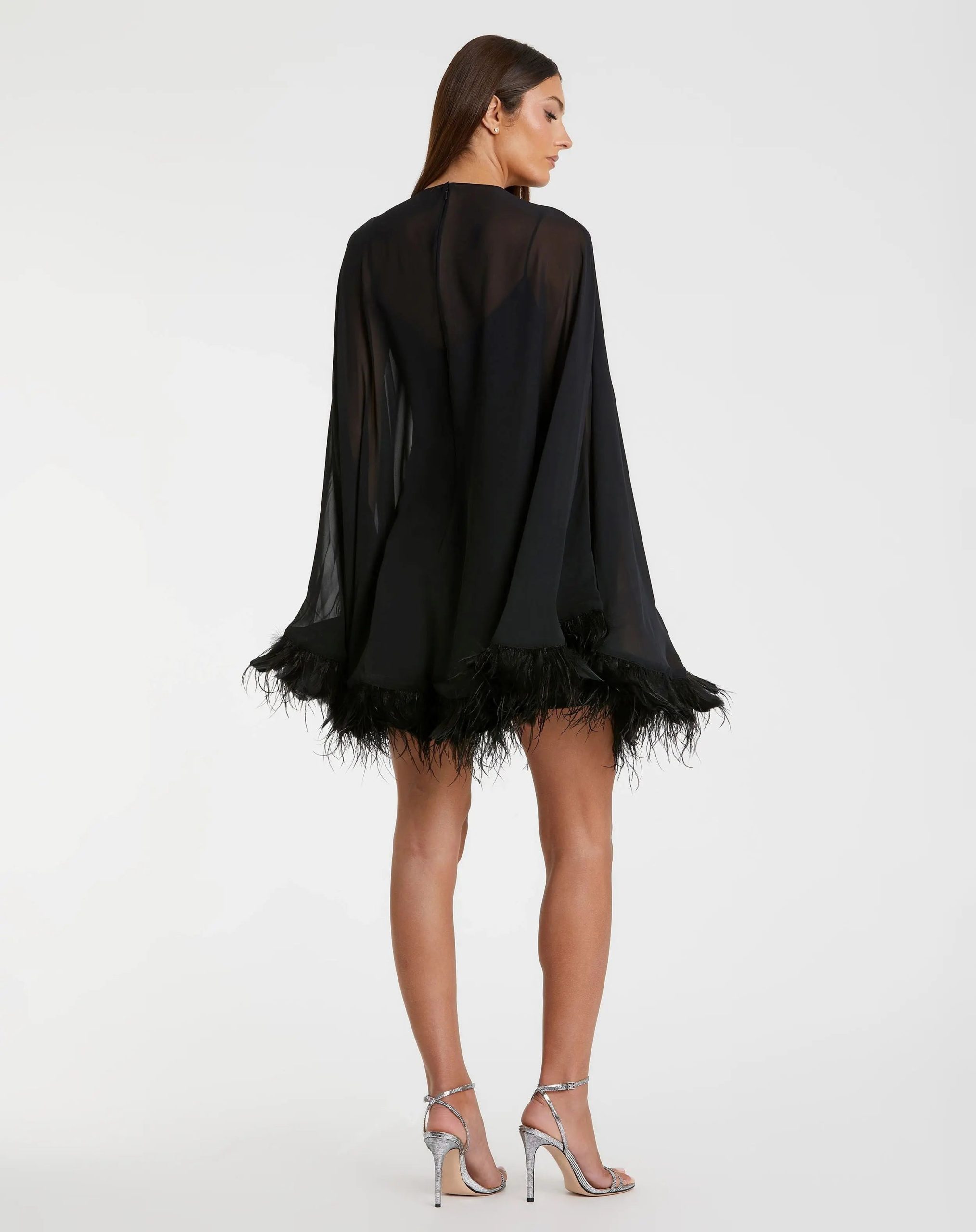 Black Trapeze Feather Trim Mini Dress - Image 3