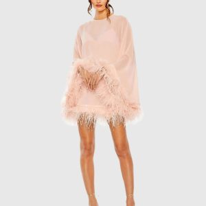 Pink Trapeze Feather Trim Mini Dress