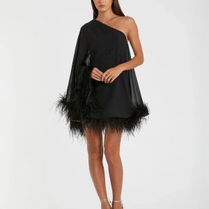 Black One Shoulder Trapeze Dress with Feather Trim