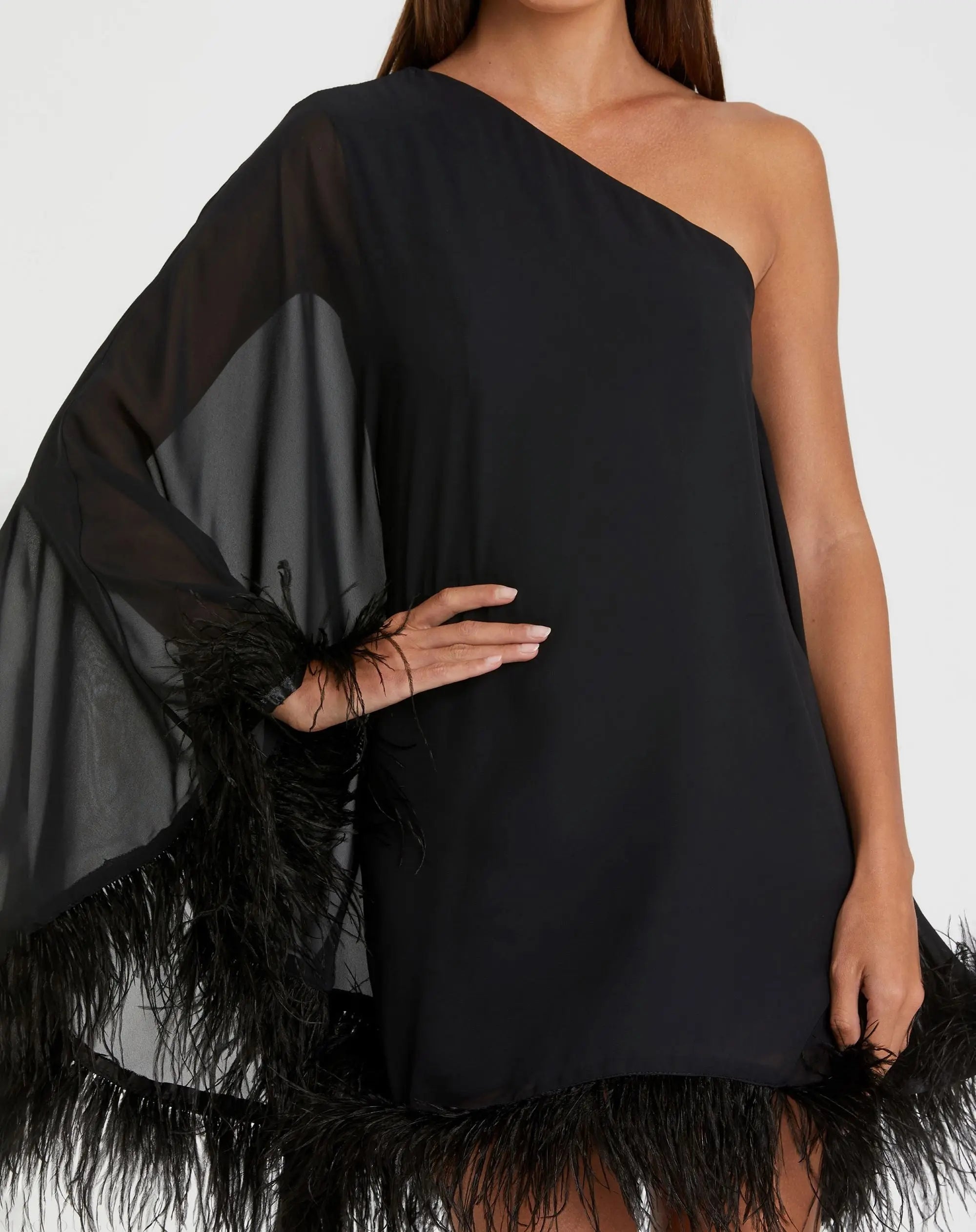 Black One Shoulder Trapeze Dress with Feather Trim - Image 2