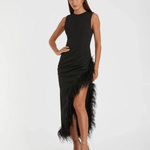 Black Ruched High-Low Sheath Dress with Feather Trim