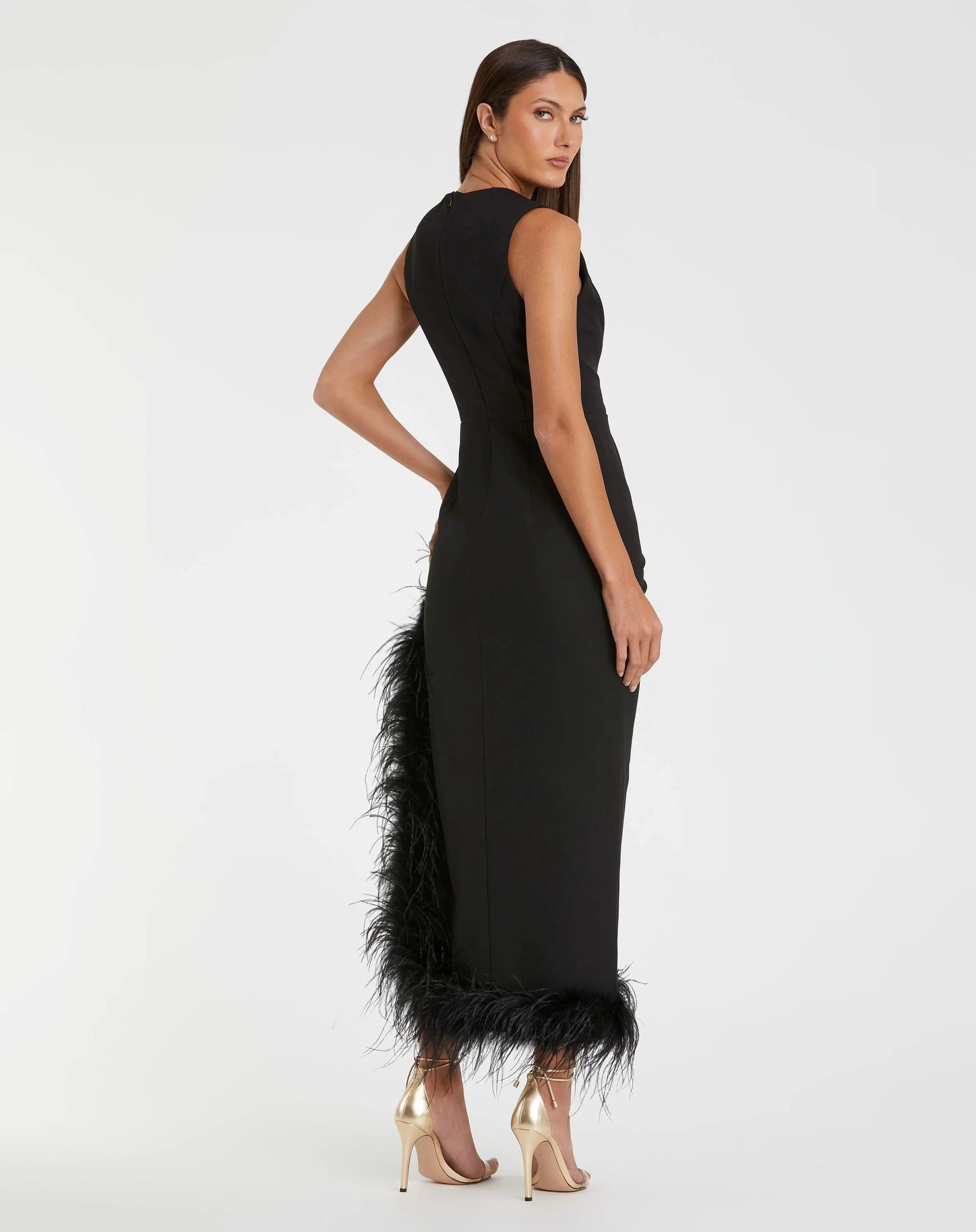 Black Ruched High-Low Sheath Dress with Feather Trim - Image 3