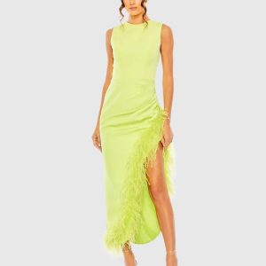 Green Ruched High-Low Sheath Dress with Feather Trim