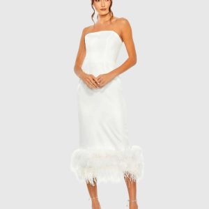 White Strapless Dress with Feather Trim