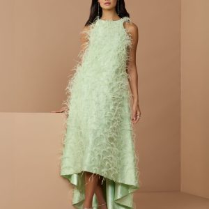 Green Sleeveless Feather Embellished High Low Gown