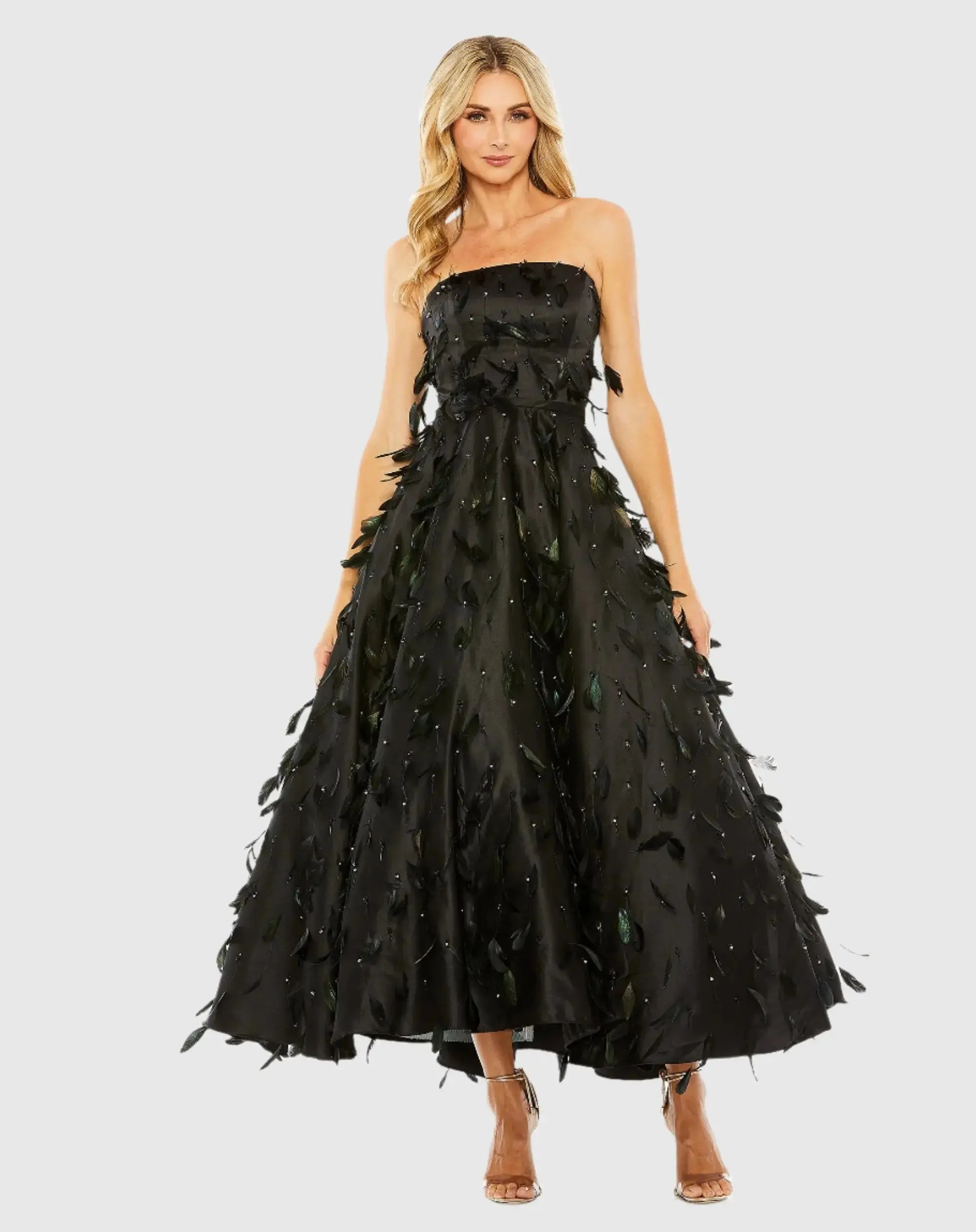 Black Strapless Feather Embellished Satin A-Line Dress - Image 4