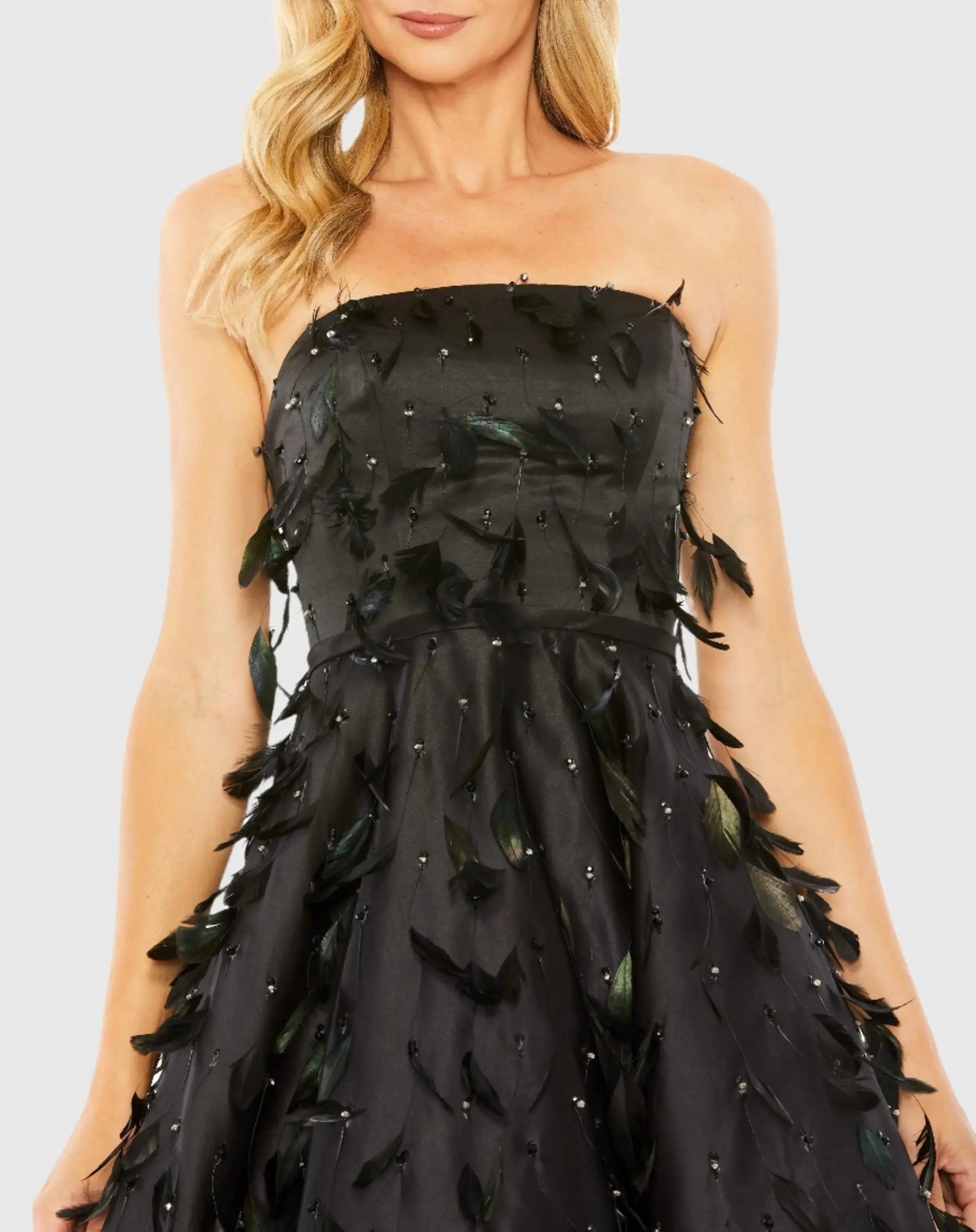 Black Strapless Feather Embellished Satin A-Line Dress - Image 5