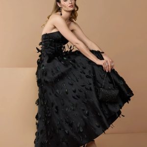 Black Strapless Feather Embellished Satin A-Line Dress