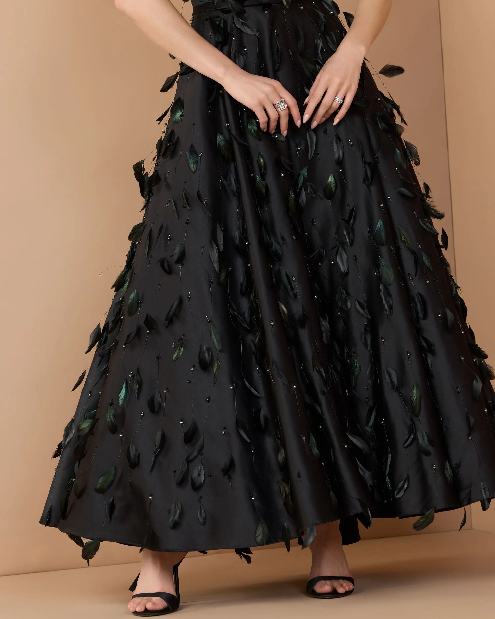 Black Strapless Feather Embellished Satin A-Line Dress - Image 3