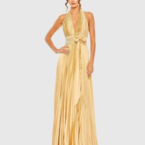 Gold Pleated Halter Neck Gown with Center Bow