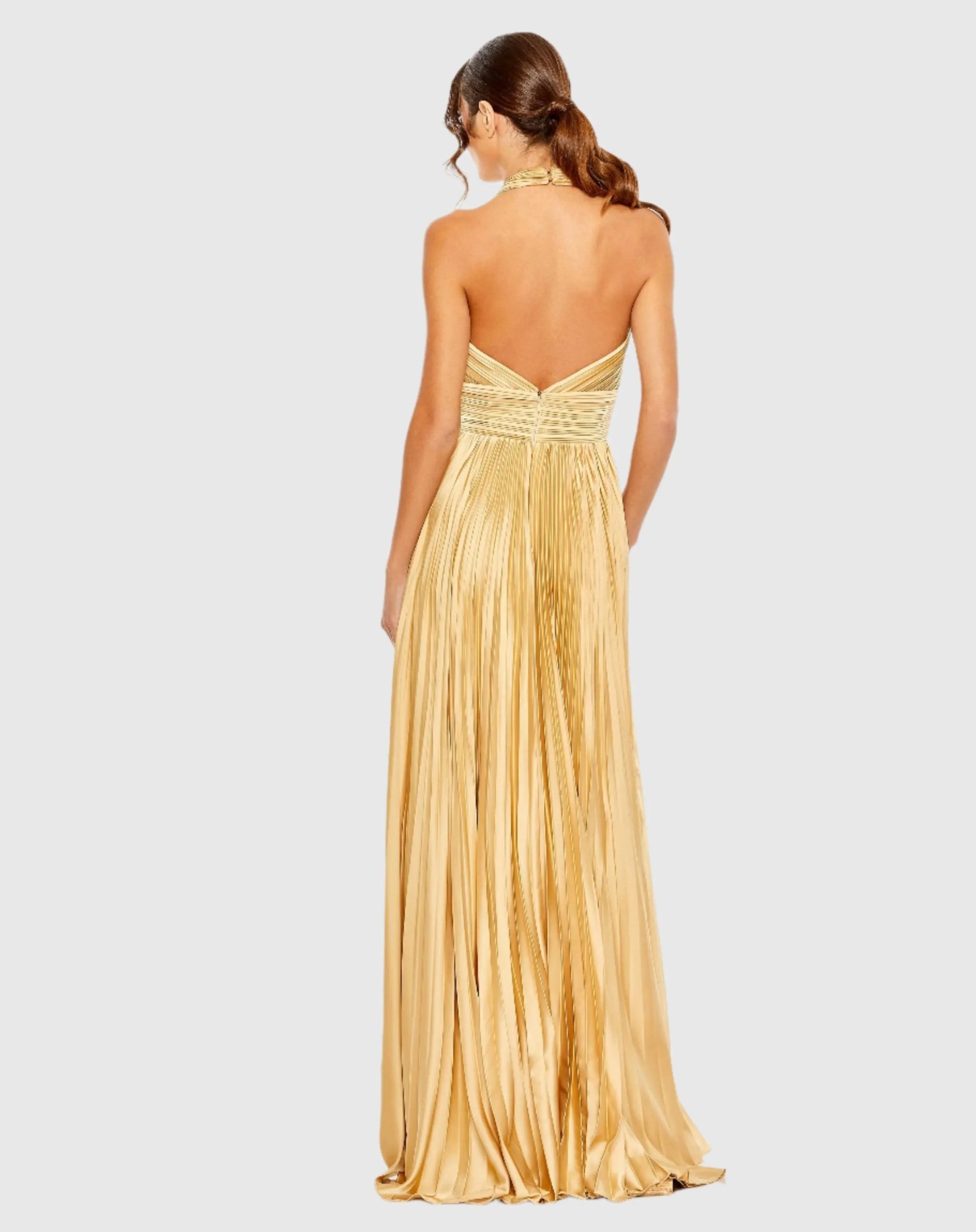 Gold Pleated Halter Neck Gown with Center Bow - Image 2