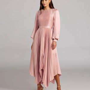 Pink Long Sleeve Pleated Charmeuse Handkerchief Dress