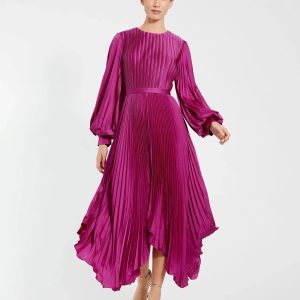 Purple Long Sleeve Pleated Charmeuse Handkerchief Dress