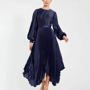 Navy Long Sleeve Pleated Charmeuse Handkerchief Dress