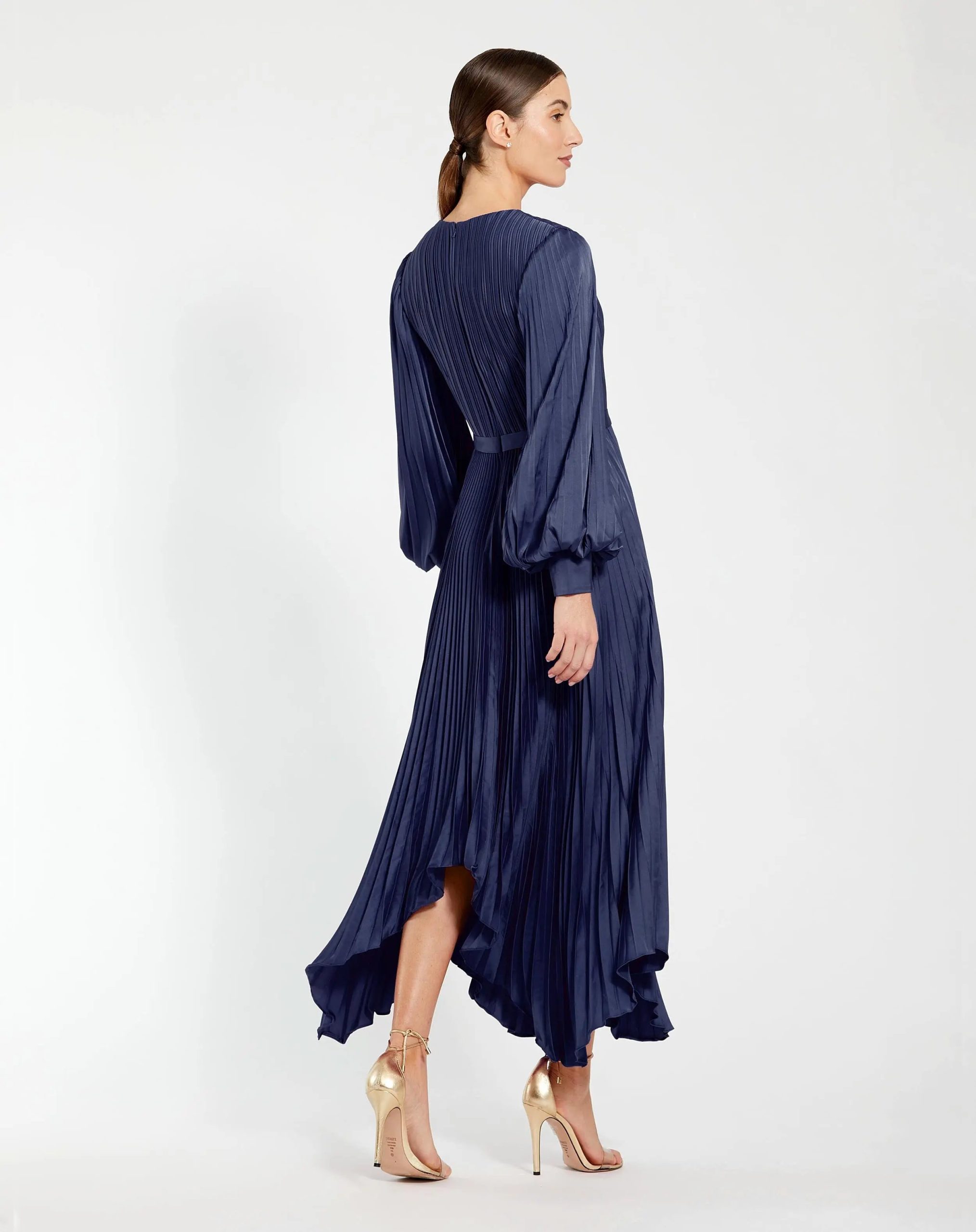 Navy Long Sleeve Pleated Charmeuse Handkerchief Dress - Image 3