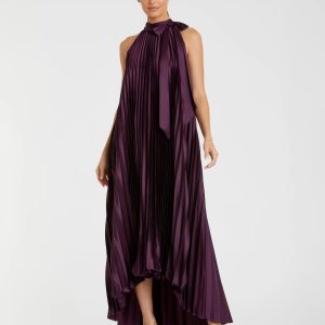 Purple Pleated Halter Neck High Low Gown