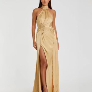 Gold Sleeveless Open Back Satin Gown