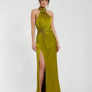 Dark Green Sleeveless Open Back Satin Gown