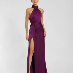 Purple Sleeveless Open Back Satin Gown