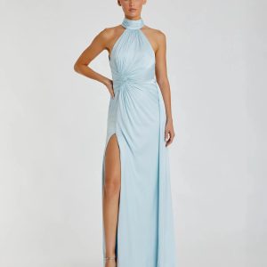 Light Blue Sleeveless Open Back Satin Gown