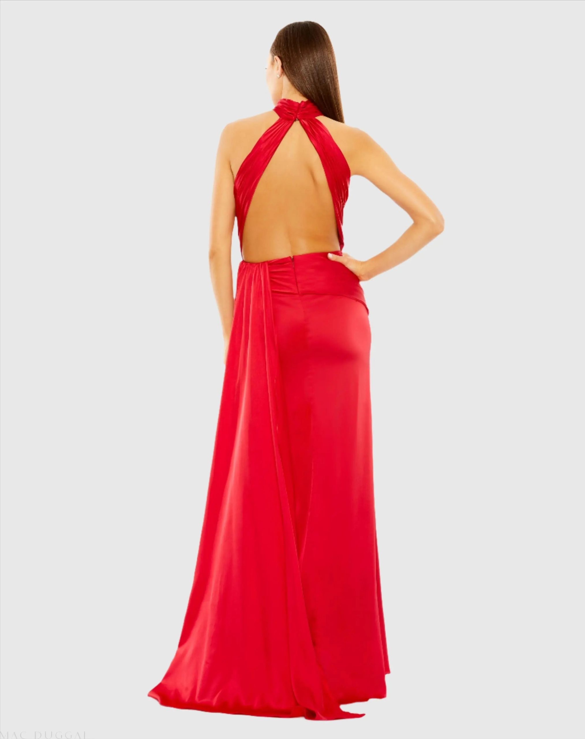 Red Sleeveless Open Back Satin Gown - Image 2