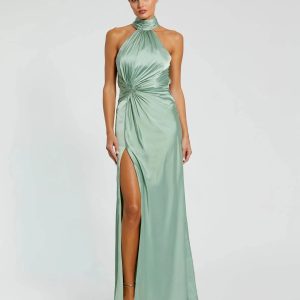 Green Sleeveless Open Back Satin Gown