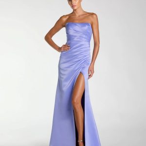 Purple Strapless Satin Gown With Slit