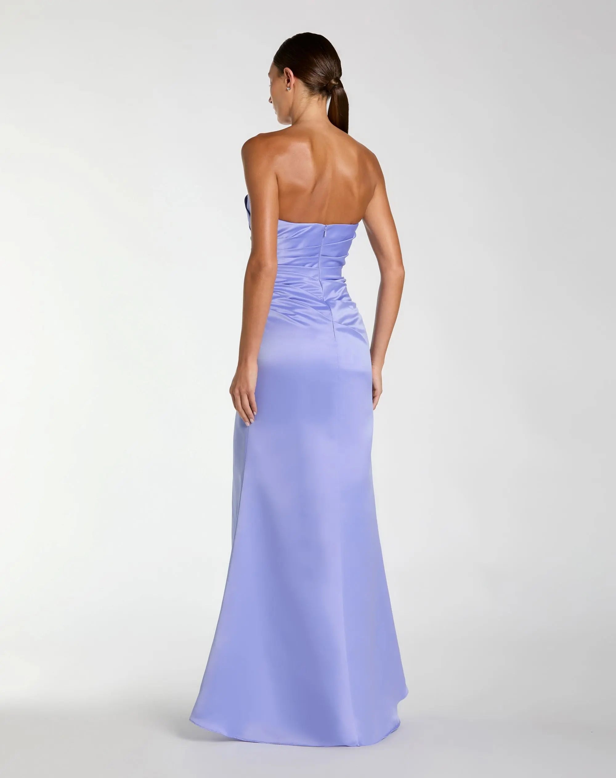 Purple Strapless Satin Gown With Slit - Image 3