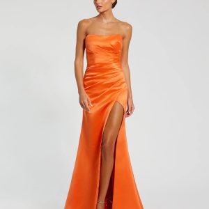 Orange  Strapless Satin Gown With Slit