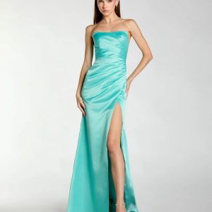Blue Strapless Satin Gown With Slit