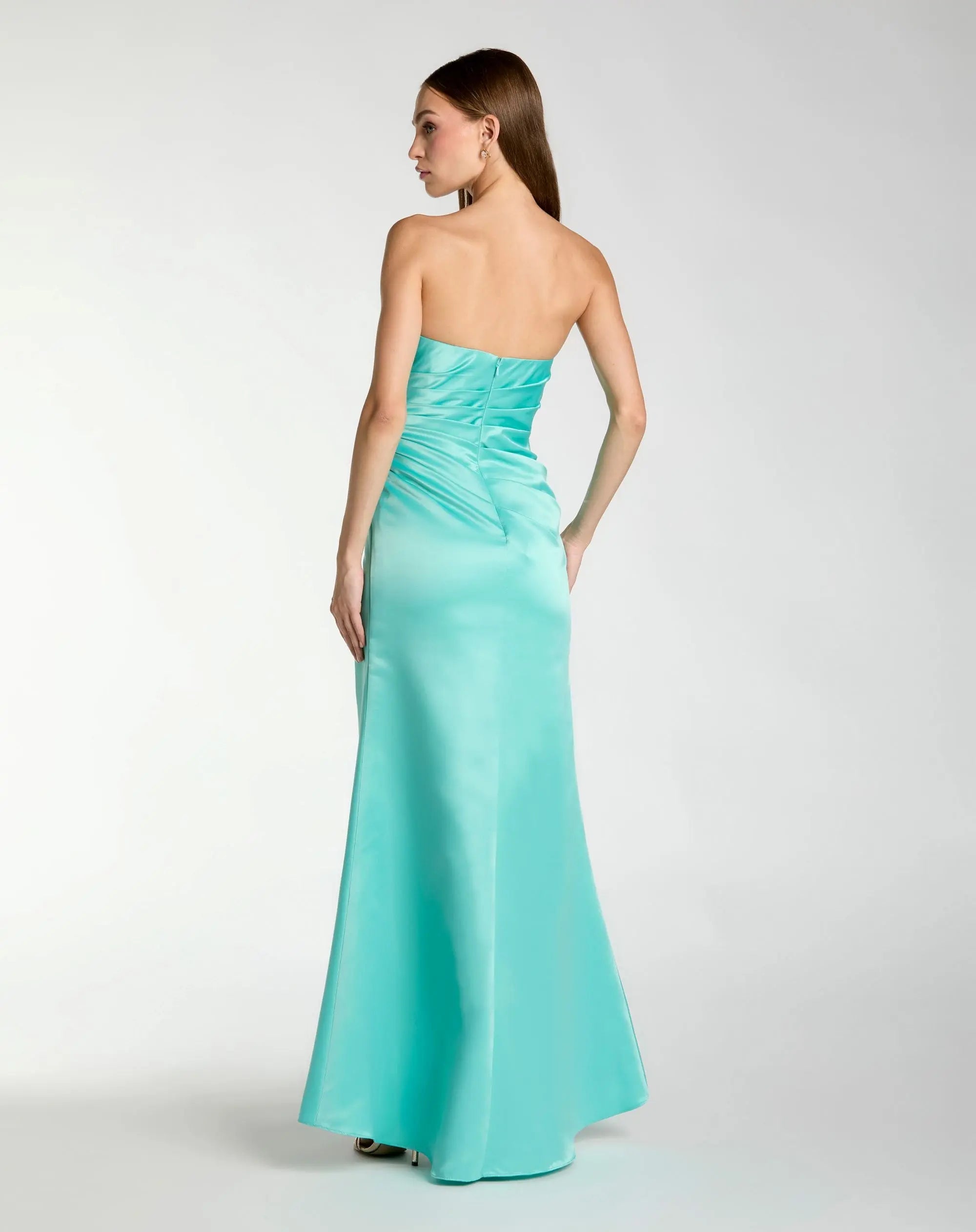 Blue Strapless Satin Gown With Slit - Image 3