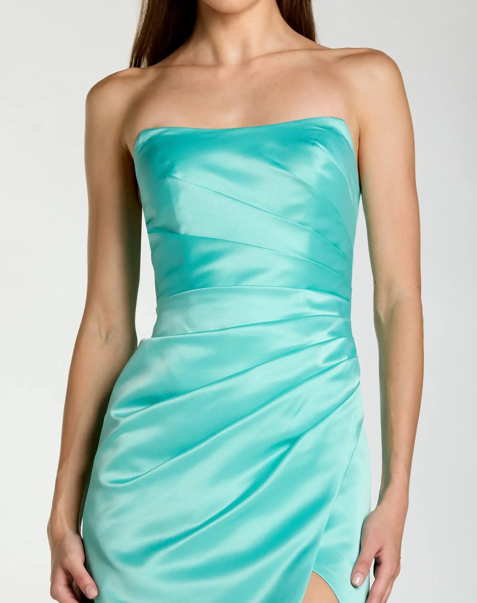 Blue Strapless Satin Gown With Slit - Image 2