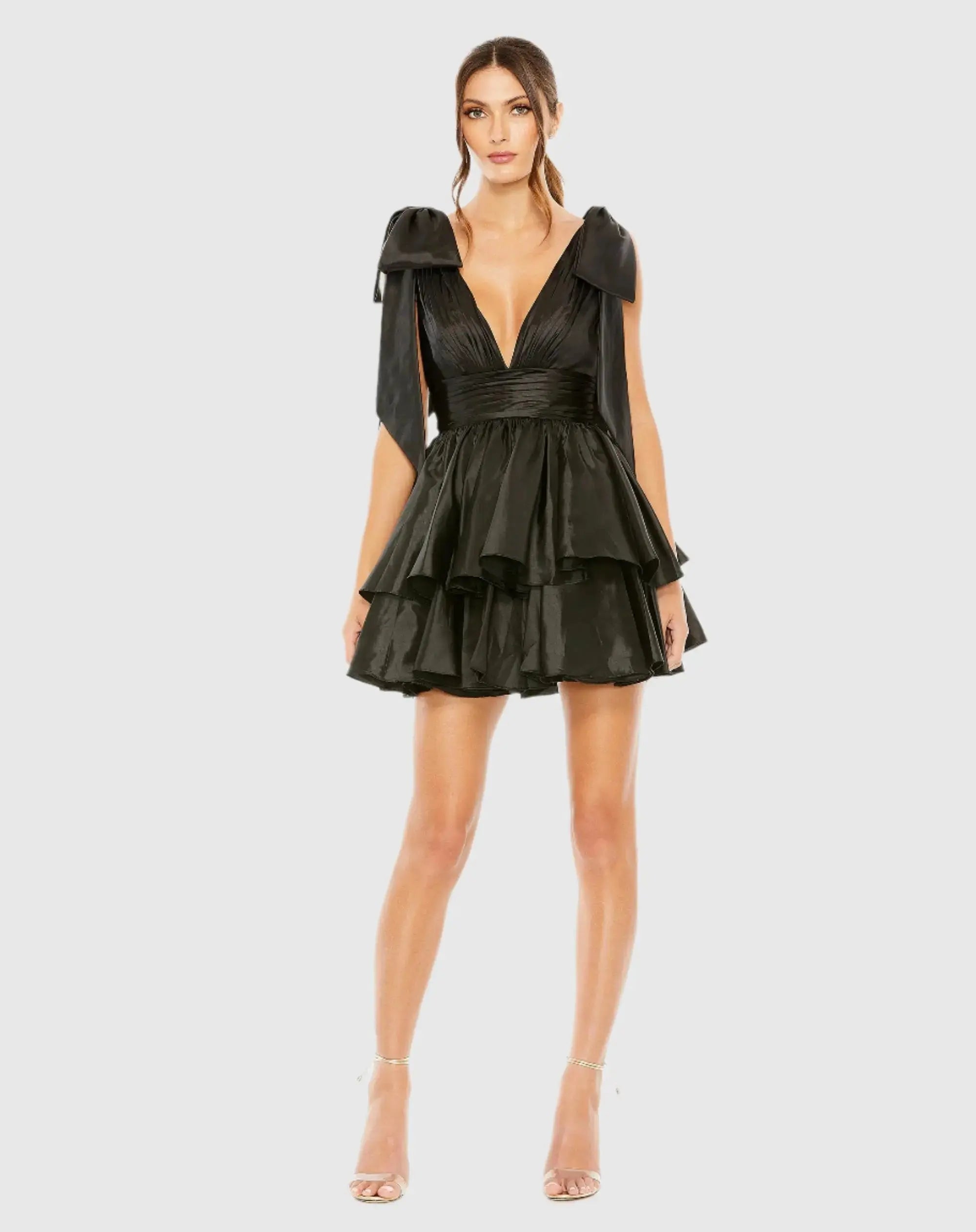 Oversized Bow Deep V Ruffle Mini Dress - Image 2