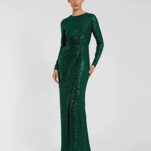 Green Sequined Long Sleeve Side Knot Gown