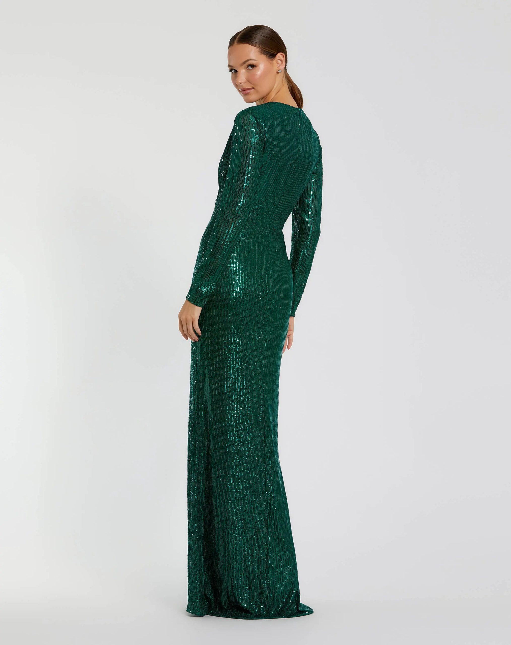 Green Sequined Long Sleeve Side Knot Gown - Image 3