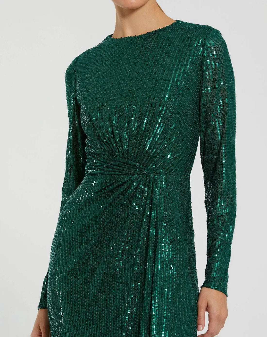 Green Sequined Long Sleeve Side Knot Gown - Image 2