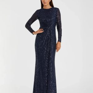 Navy Sequined Long Sleeve Side Knot Gown