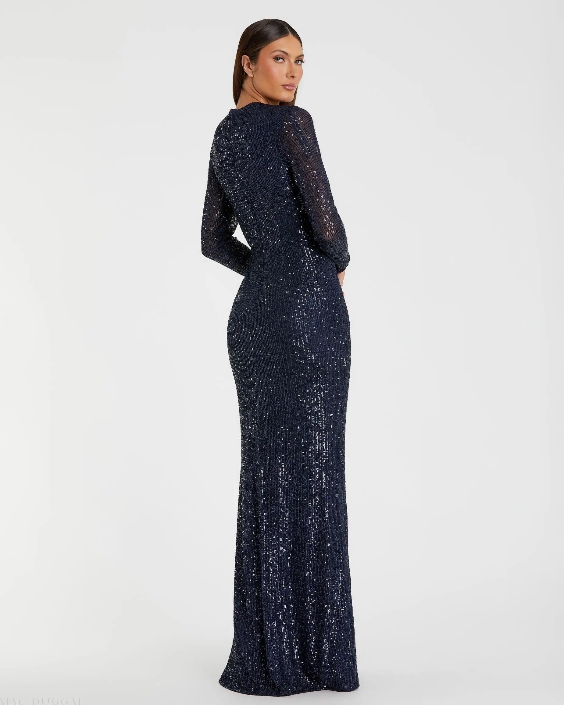 Navy Sequined Long Sleeve Side Knot Gown - Image 3