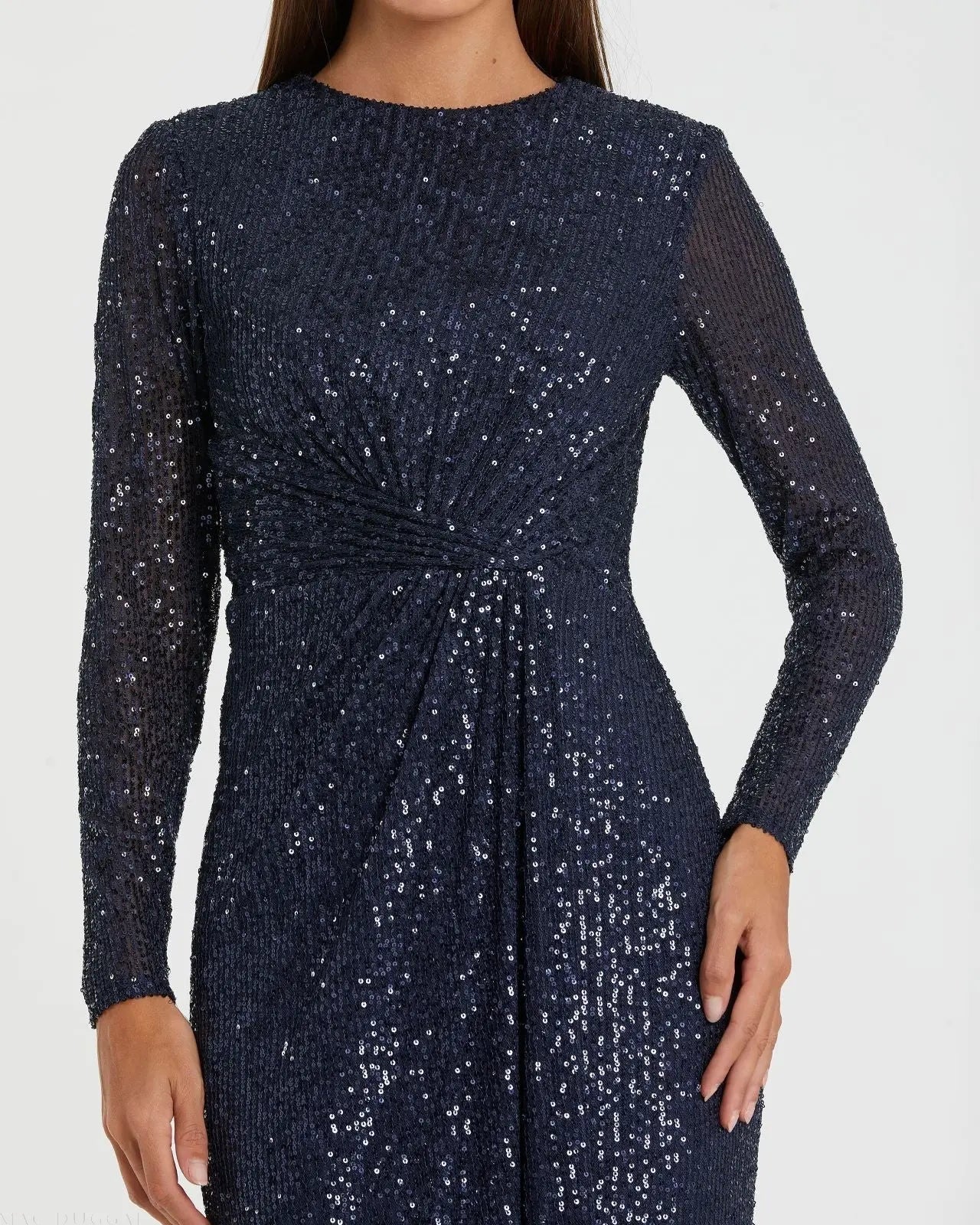 Navy Sequined Long Sleeve Side Knot Gown - Image 2