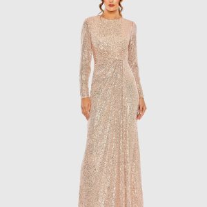 Light Pink Sequined Side Knot Long Sleeve Gown
