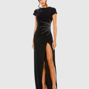Black Slit Gown with Side Beaded Detail