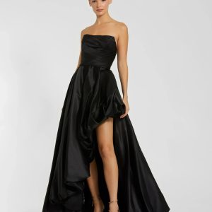 Black Strapless Ruched High Low Gown