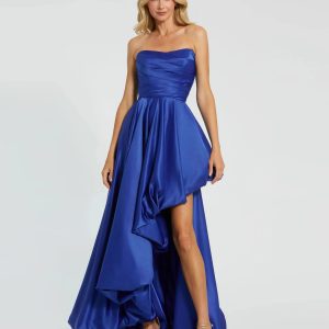 Blue Strapless Ruched High Low Gown