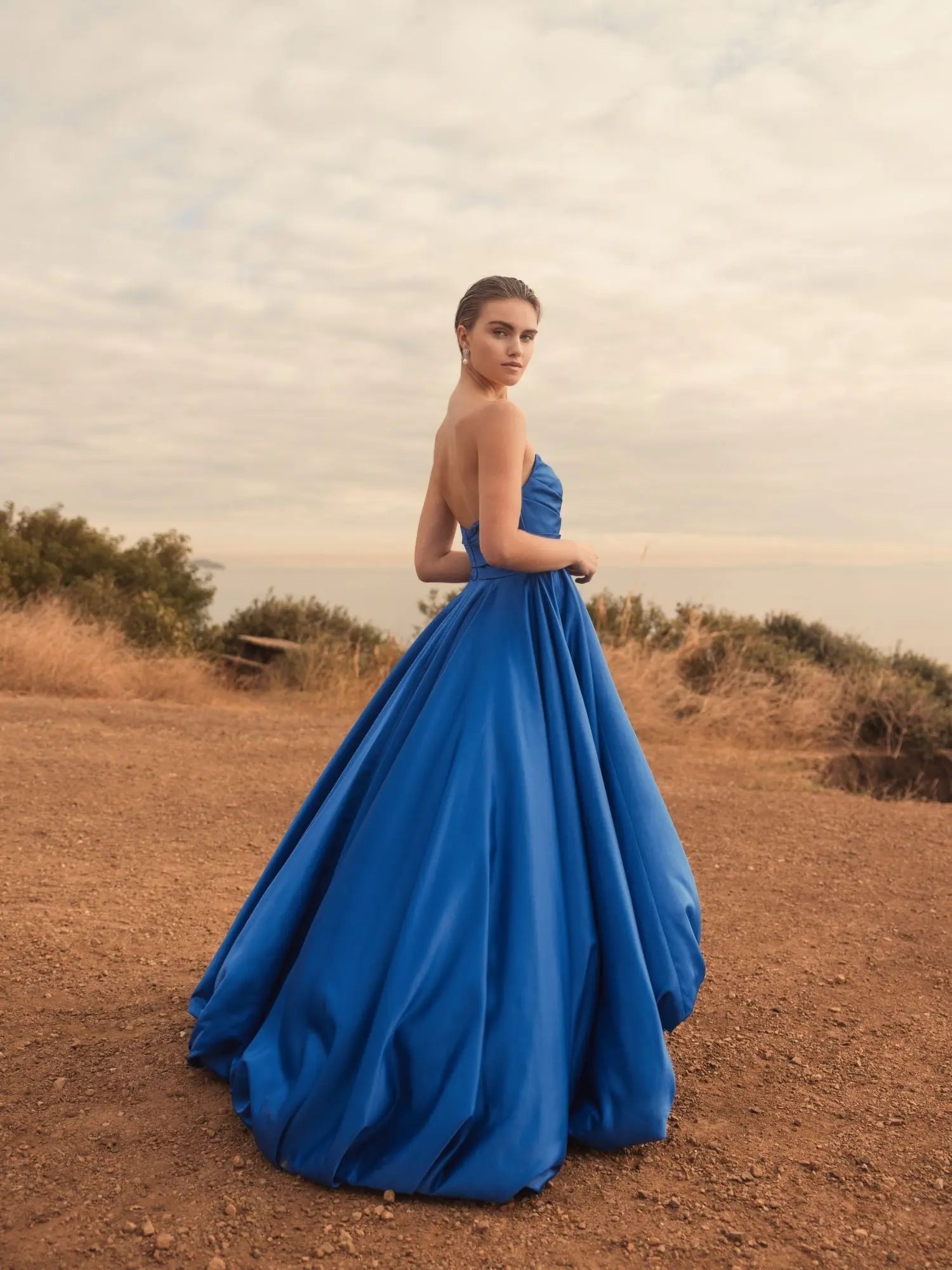 Blue Strapless Ruched High Low Gown - Image 7