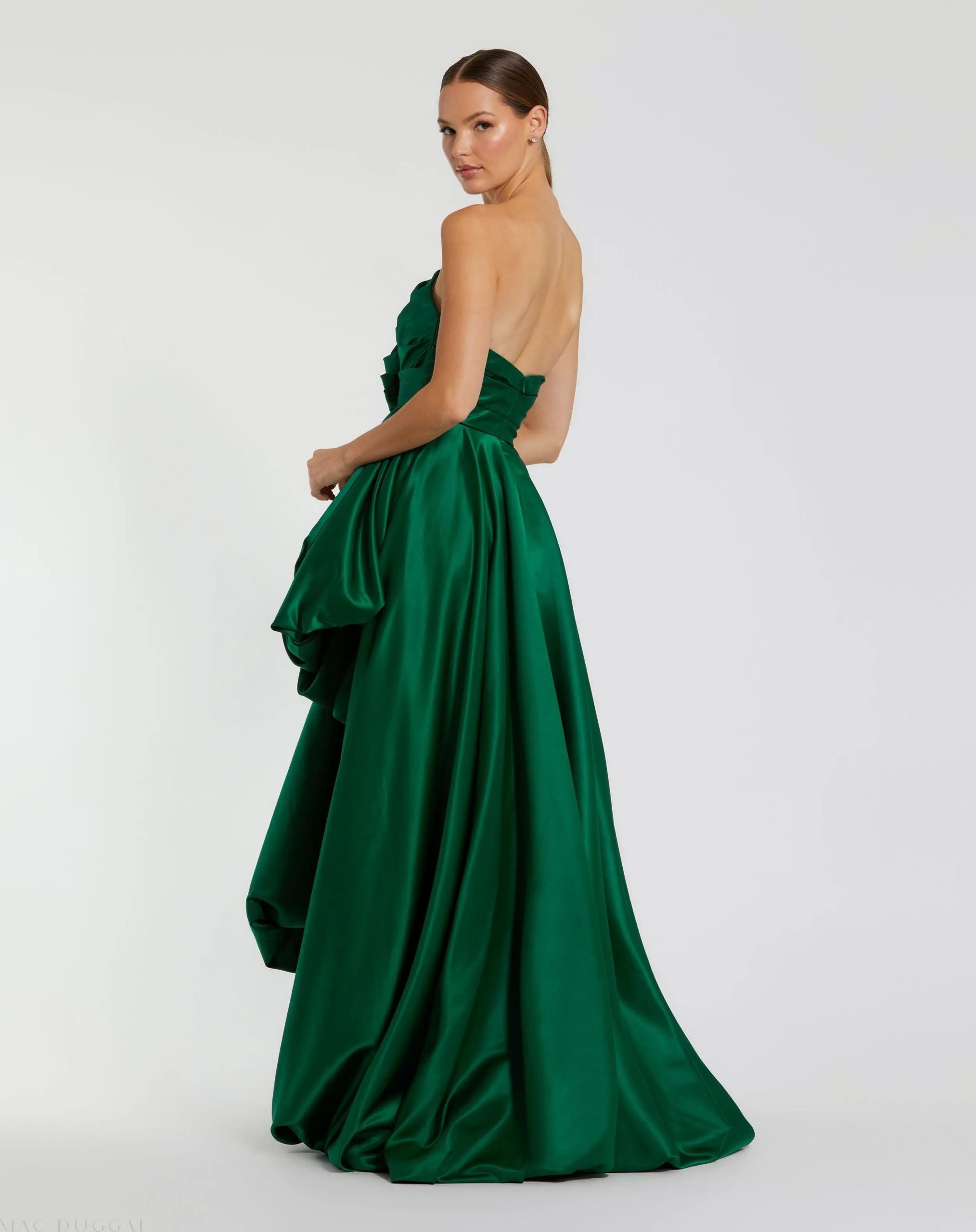 Green Strapless Ruched High Low Gown - Image 3