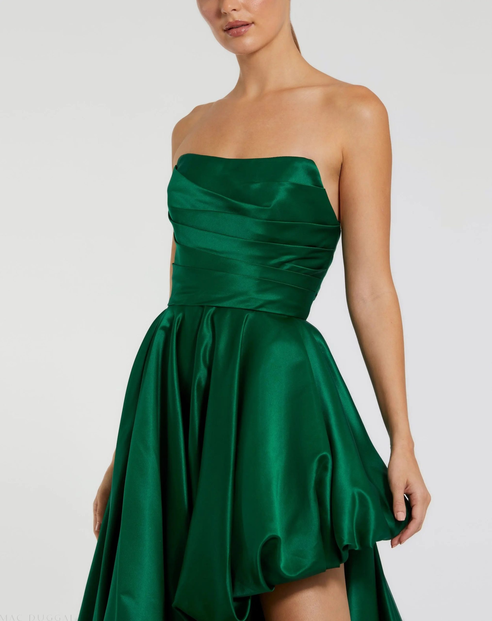 Green Strapless Ruched High Low Gown - Image 2