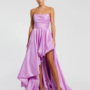 Purple Strapless Ruched High Low Gown